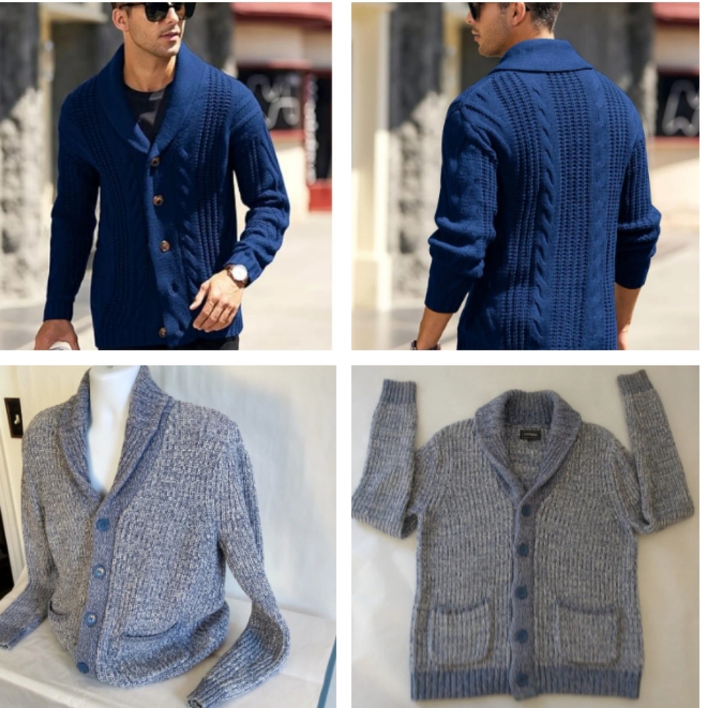 Men's Express  Blue Cable Knit Cardigan Sweater, Size Medium , Shawl Collar Loos